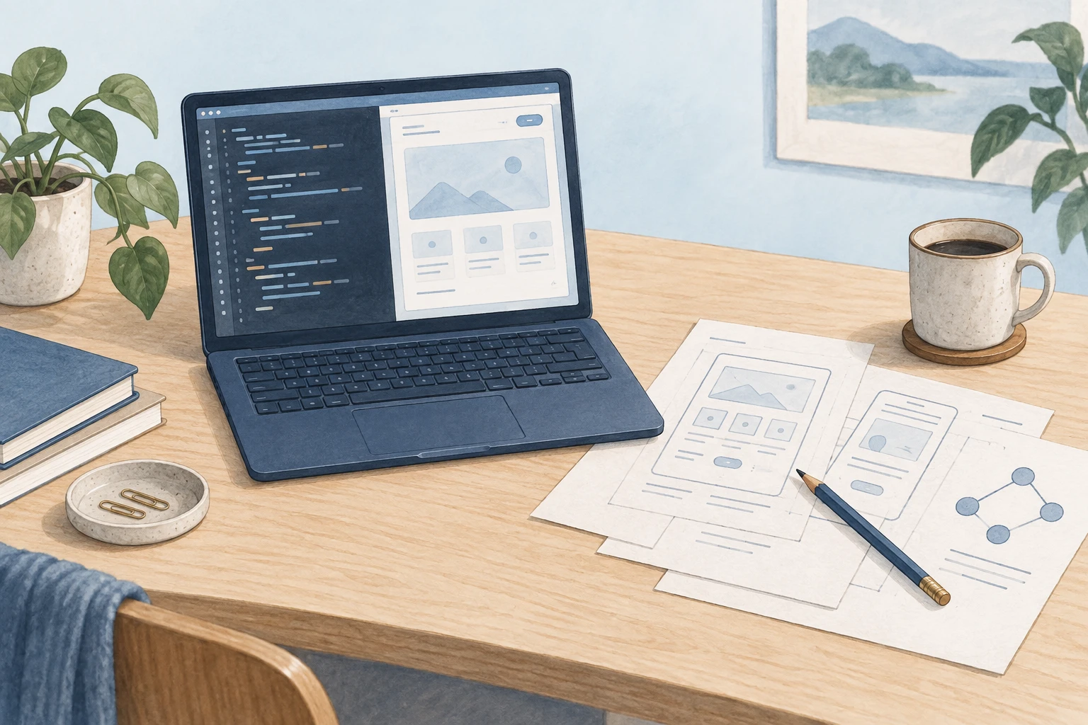 Illustrated workbench with code, a product interface and design sketches