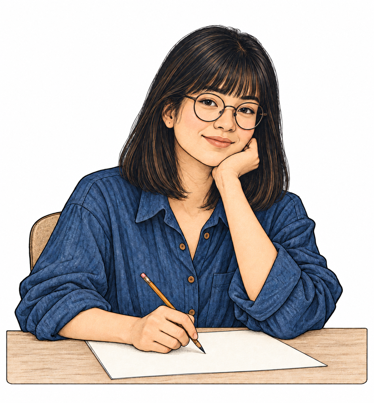 Illustrated Vine with straight hair, a fringe, glasses and an indigo shirt, seated at a drawing desk.