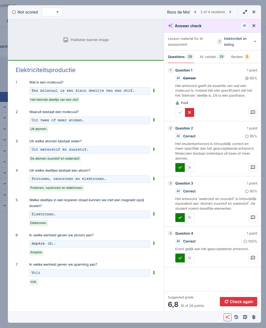 LearningBox answer review for Roos de Mol, showing seven student answers, four AI explanations, a teacher override and the suggested grade