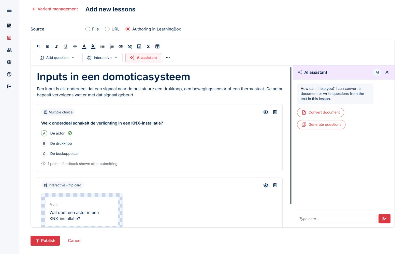 Original LearningBox Add new lessons prototype with collapsed navigation and the AI assistant beside editable lesson content