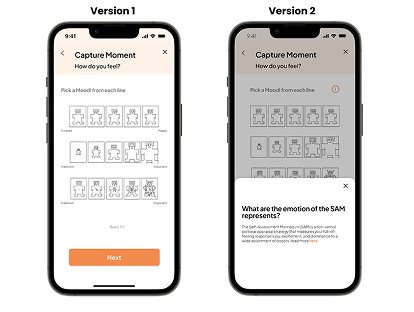 Original version-one and version-two SAM screens, including the added explanation panel.