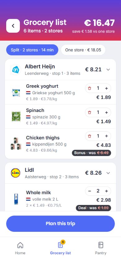 Grocery list grouped by store with basket comparison