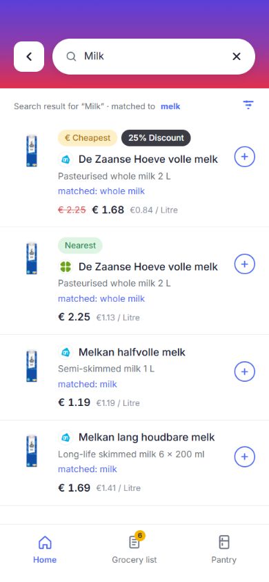 Search example showing English and Dutch grocery names