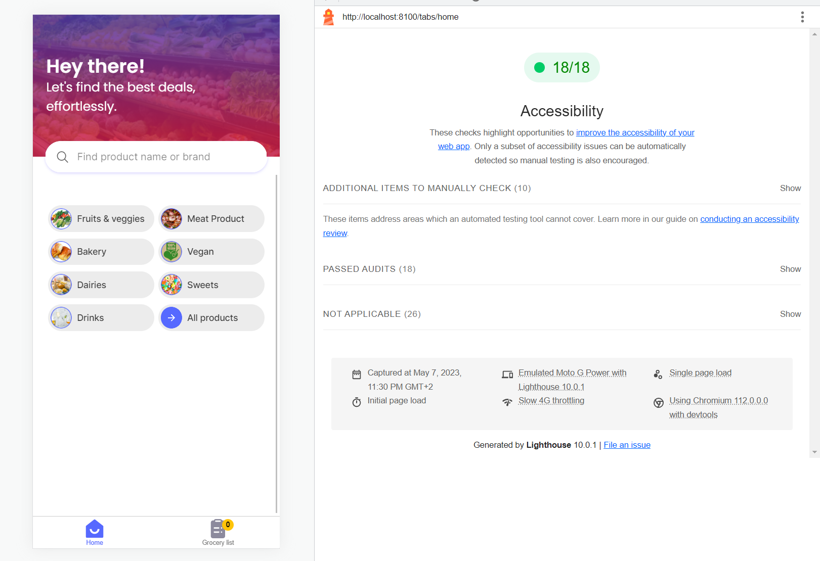 Lighthouse report for the home page showing 18 passed automated accessibility audits