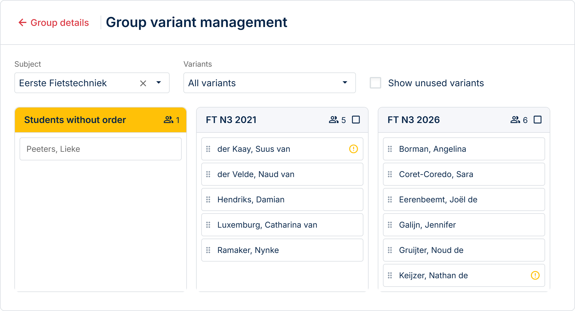 Group variant management reached directly from the group page.