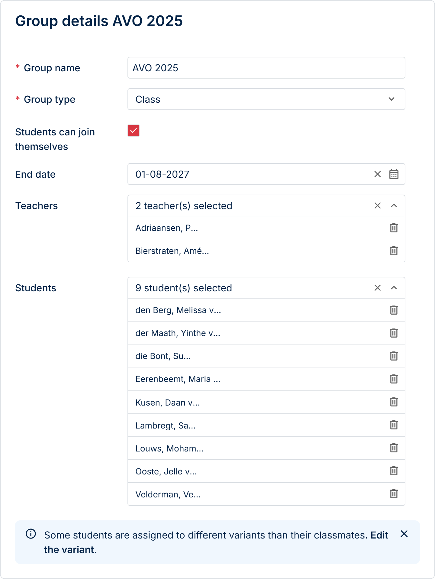 The group page now highlights students using different variants.