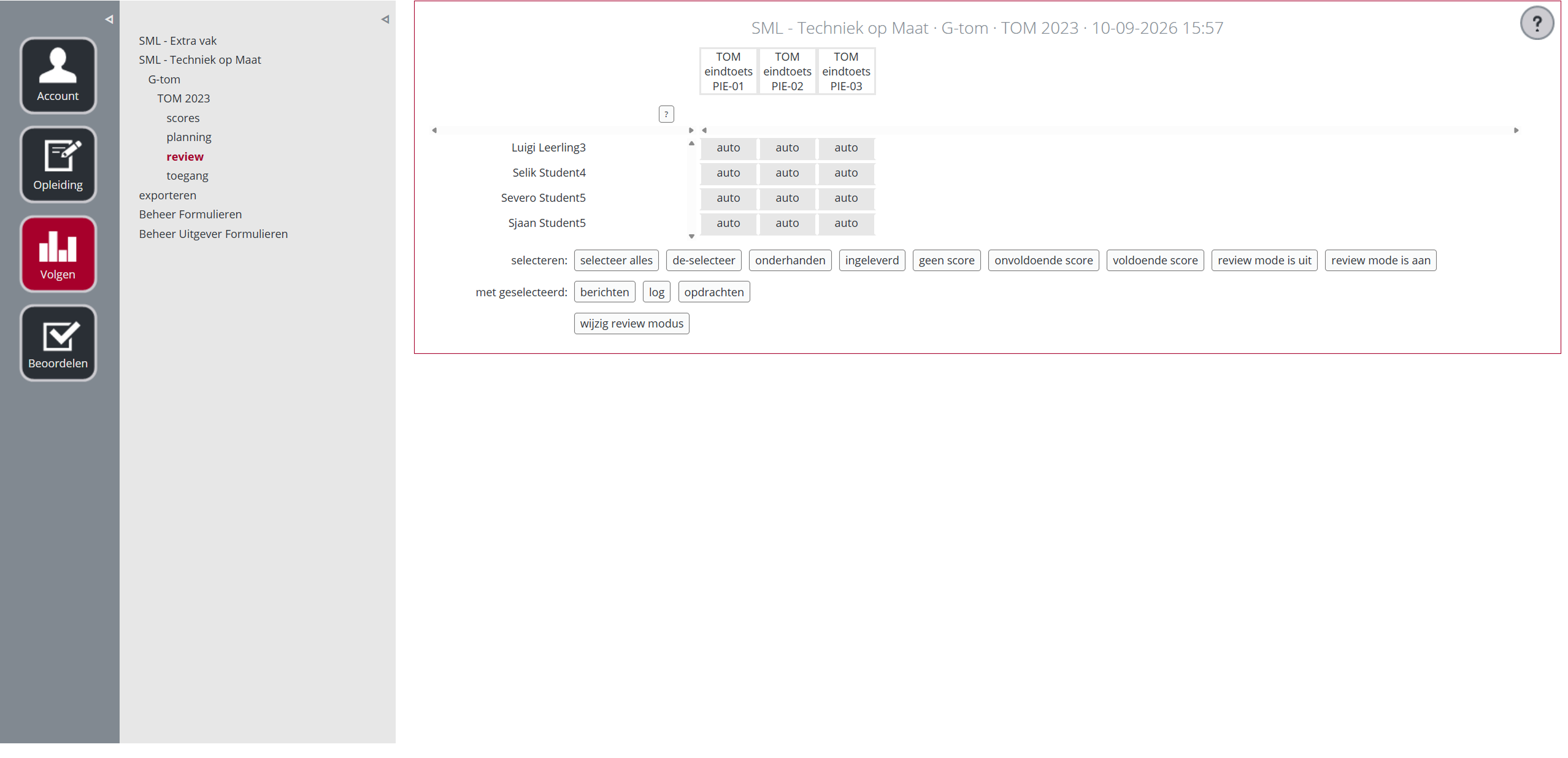 Previous interface: review modes in a separate student matrix.