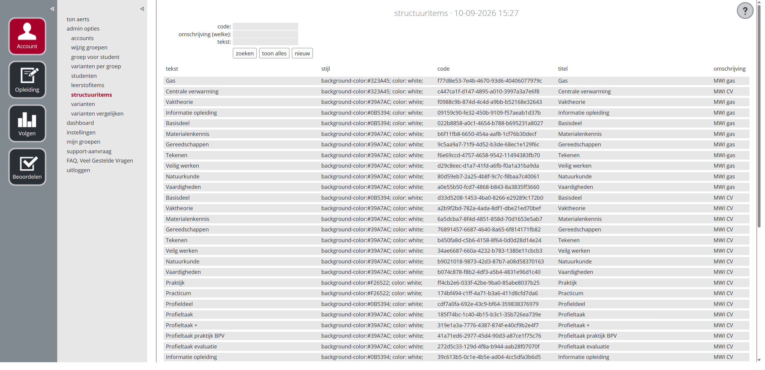 Previous interface: structure items with technical codes and styling values.