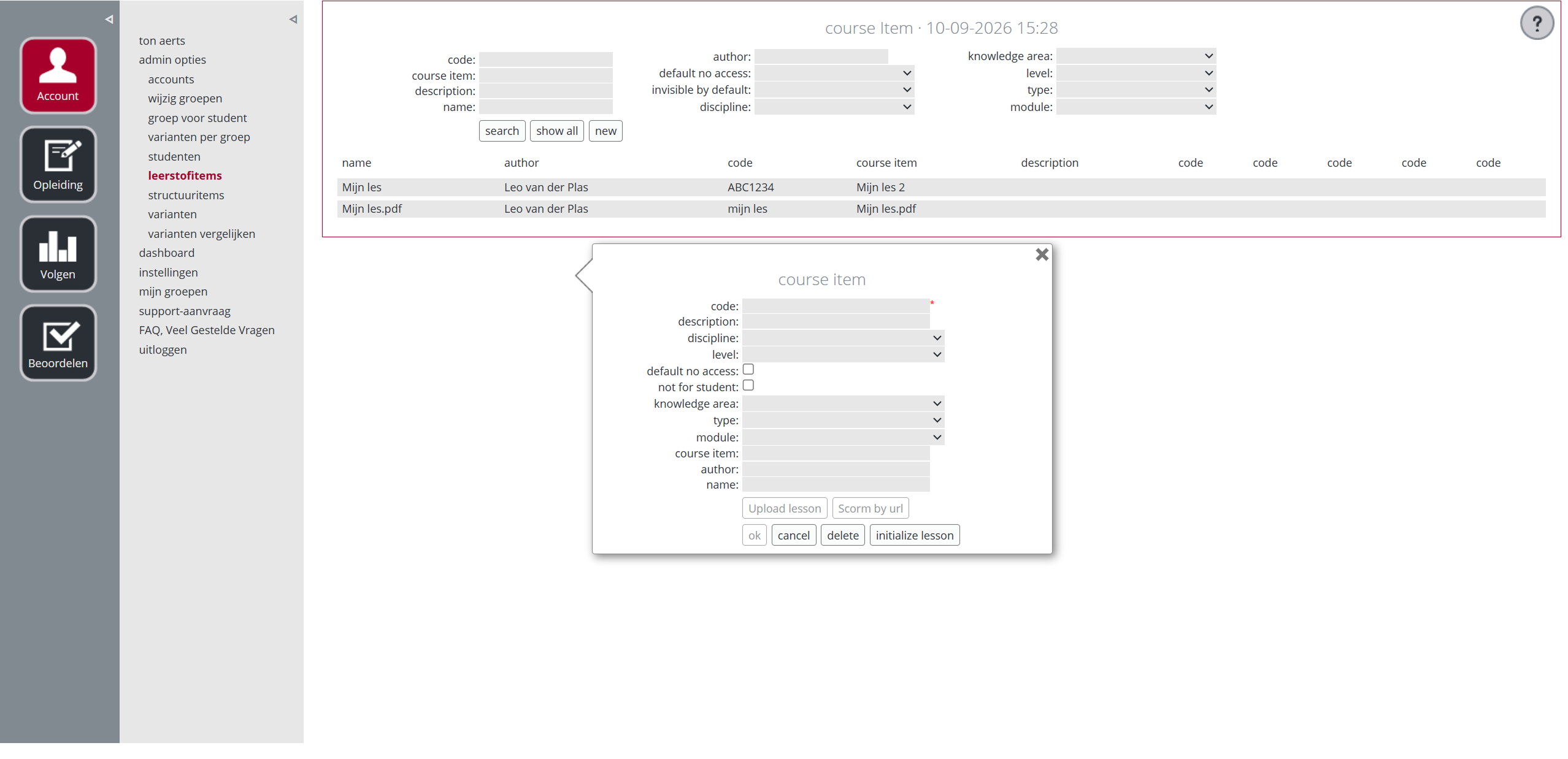 Previous interface: course items and a separate lesson creation form.