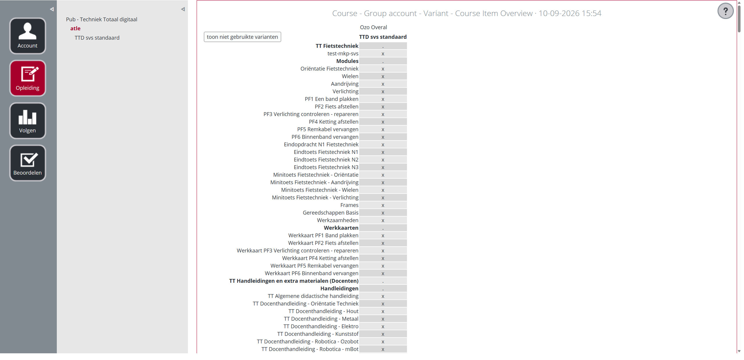 Previous interface: group, variant and course-item overview.