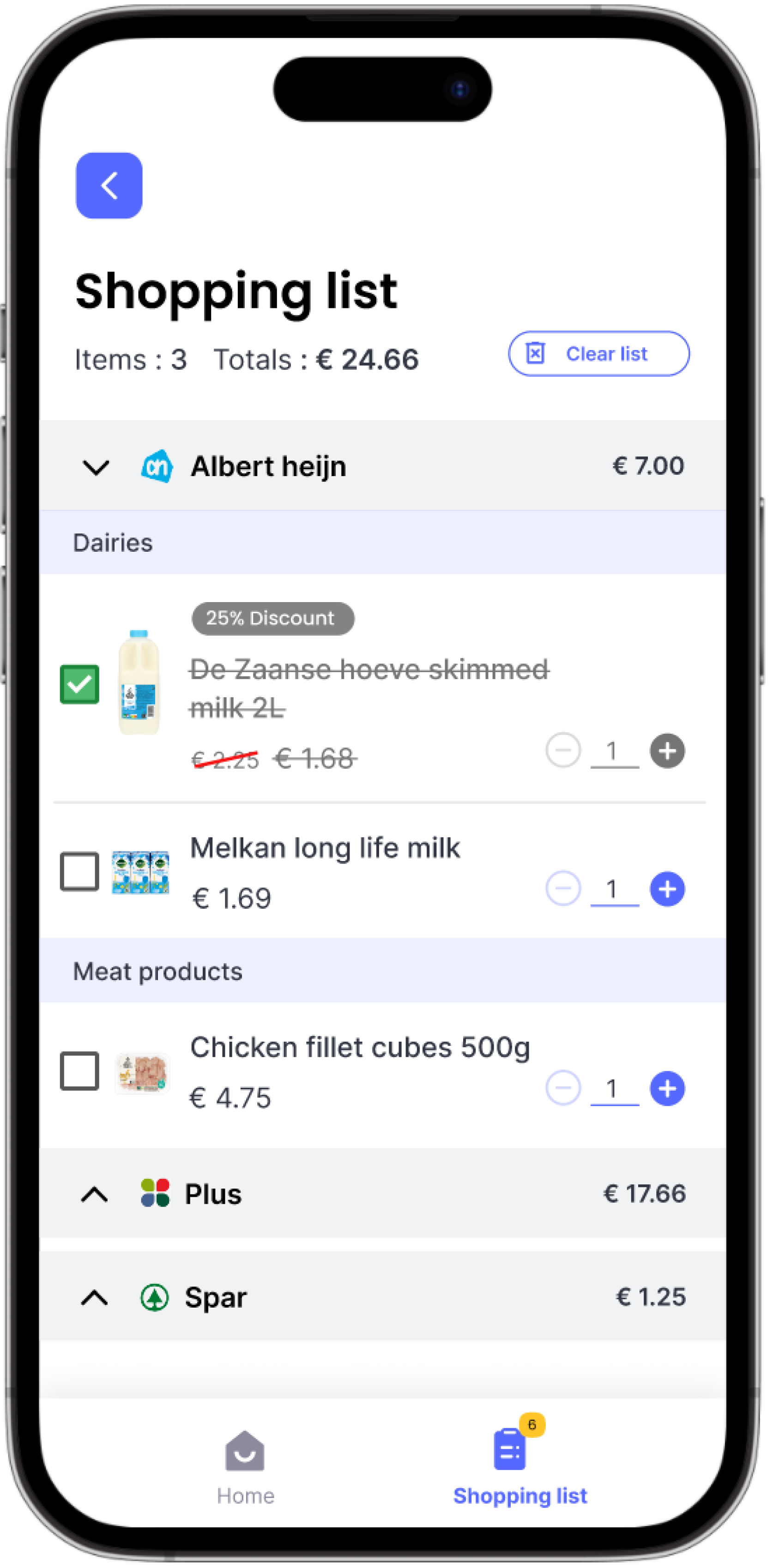 Shopping list grouped by store and aisle category with quantity steppers, discount markers, and a Clear list button